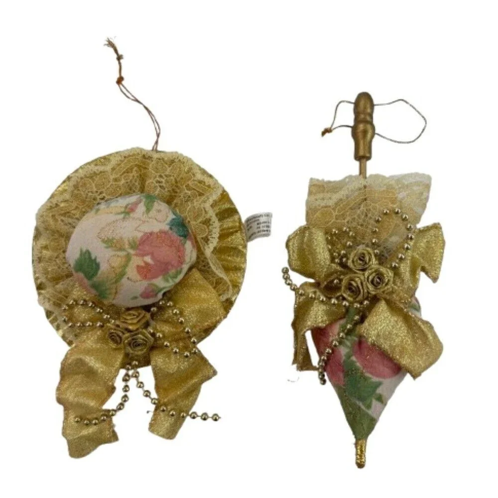 Bradford Novelty Victorian Hat & Parasol Ornaments Gold Lace Floral Fabric Set